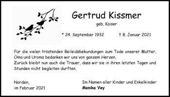 Traueranzeige von Gertrud Kissmer 