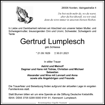 Traueranzeige von Gertrud Lumplesch 