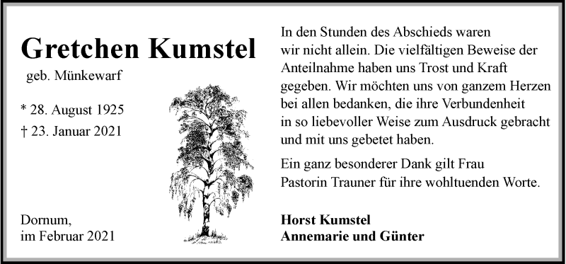  Traueranzeige für Gretchen Kumstel vom 27.02.2021 aus 