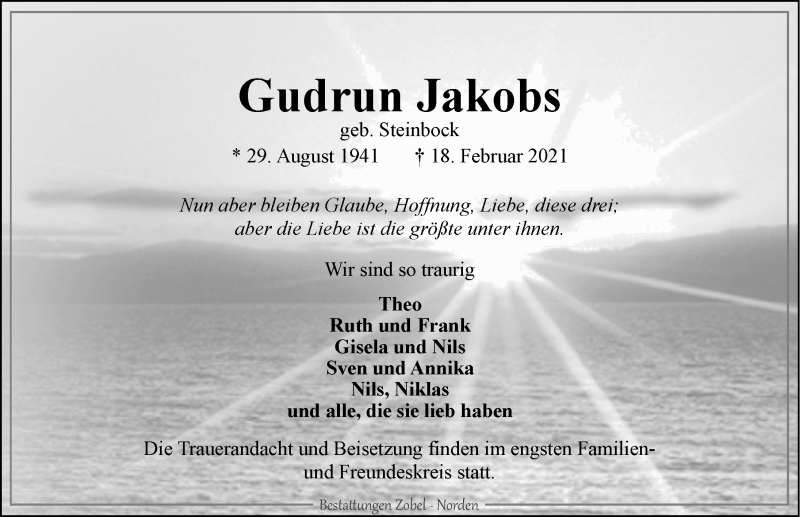  Traueranzeige für Gudrun Jakobs vom 20.02.2021 aus 