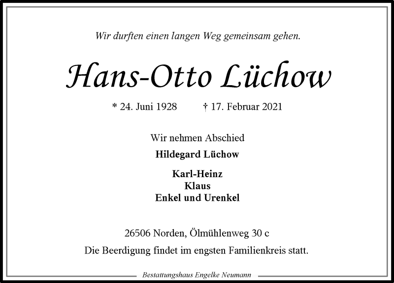  Traueranzeige für Hans-Otto Lüchow vom 20.02.2021 aus 