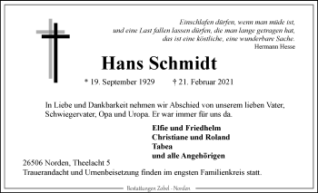 Traueranzeige von Hans Schmidt 
