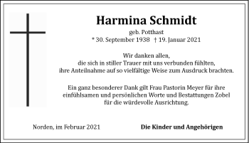 Traueranzeige von Harmina Schmidt 