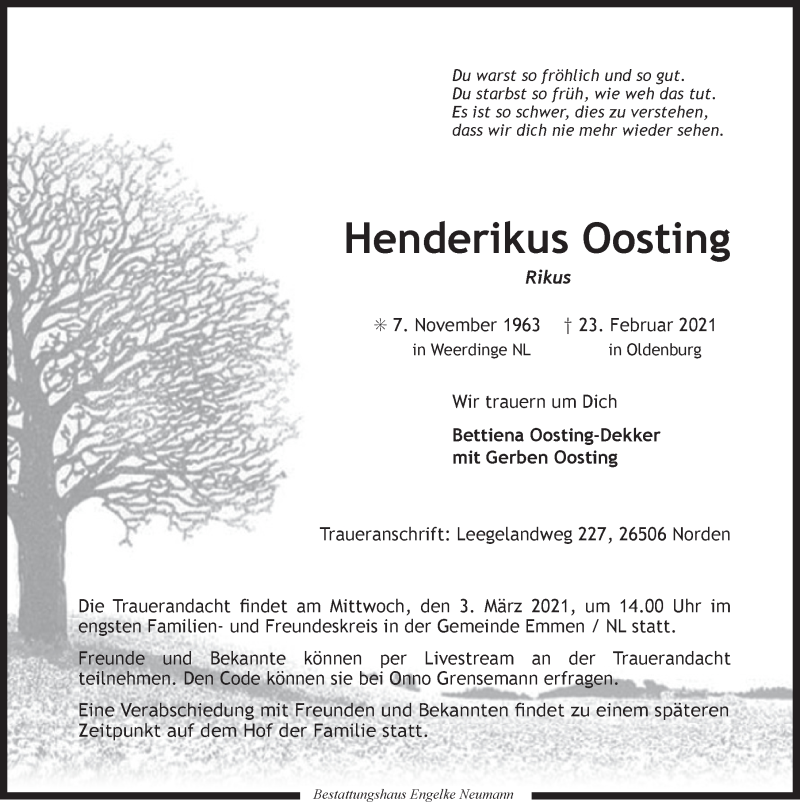  Traueranzeige für Henderikus Oosting vom 27.02.2021 aus 