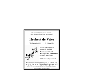 Traueranzeige von Herbert de Vries 