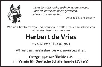 Traueranzeige von Herbert de Vries 