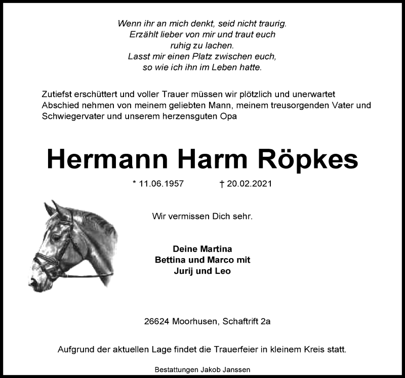  Traueranzeige für Hermann Harm Röpkes vom 23.02.2021 aus 