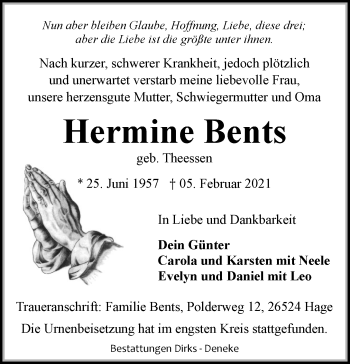 Traueranzeige von Hermine Bents 