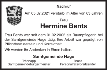 Traueranzeige von Hermine Bents 