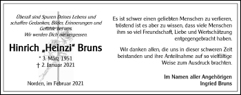 Traueranzeige von Hinrich Bruns 