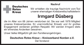 Traueranzeige von Irmgard Düsberg 