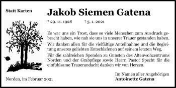 Traueranzeige von Jakob Siemen Gatena 