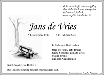 Traueranzeige von Jans deVries 