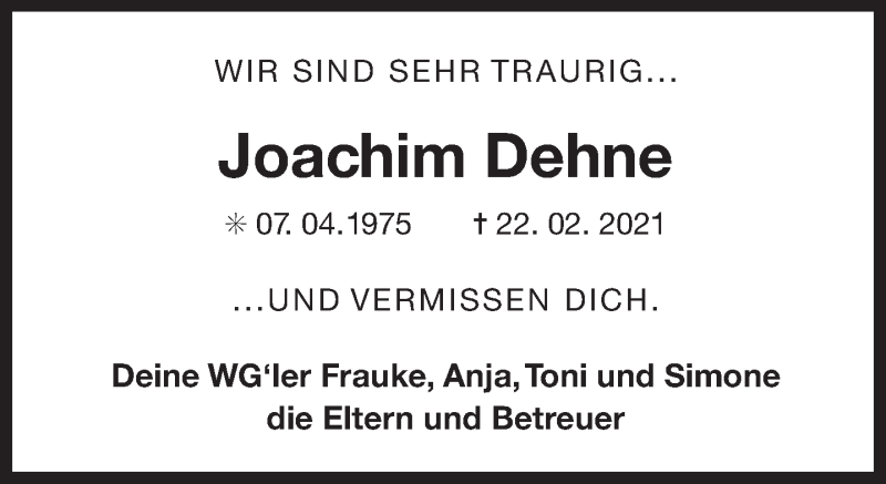  Traueranzeige für Joachim Dehne vom 25.02.2021 aus 