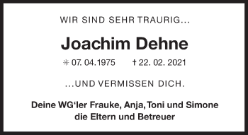 Traueranzeige von Joachim Dehne 