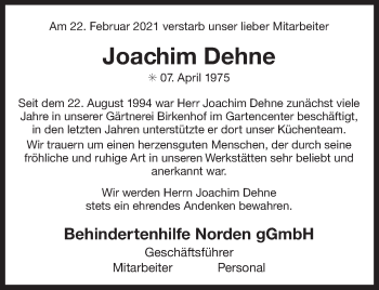 Traueranzeige von Joachim Dehne 