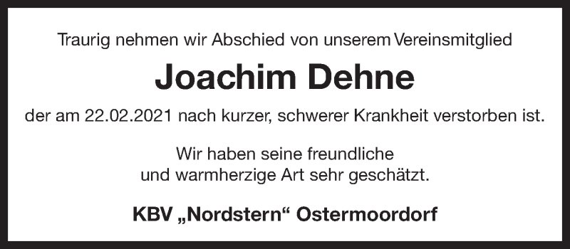  Traueranzeige für Joachim Dehne vom 25.02.2021 aus 