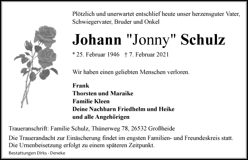  Traueranzeige für Johann Schulz vom 10.02.2021 aus 