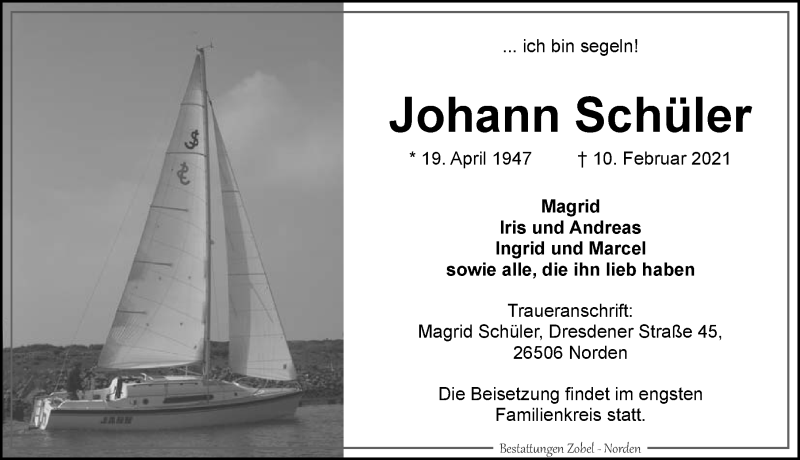  Traueranzeige für Johann Schüler vom 13.02.2021 aus 