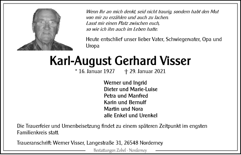  Traueranzeige für Karl-August Gerhard Visser vom 02.02.2021 aus 