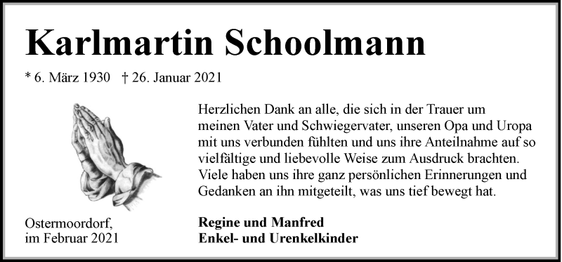  Traueranzeige für Karlmartin Schoolmann vom 27.02.2021 aus 