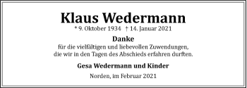 Traueranzeige von Klaus Wedermann 