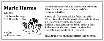 Traueranzeige von Marie Harms 