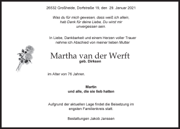 Traueranzeige von Martha van der Werft 