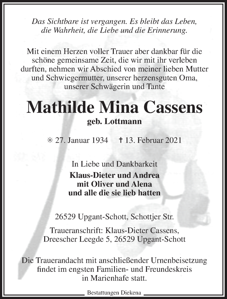  Traueranzeige für Mathilde Mina Cassens vom 16.02.2021 aus 