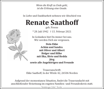 Traueranzeige von Renate Saathoff 
