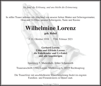 Traueranzeige von Wilhelmine Lorenz 