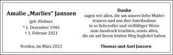 Traueranzeige von Amalie  Janssen 
