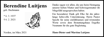 Traueranzeige von Berendine Luitjens 