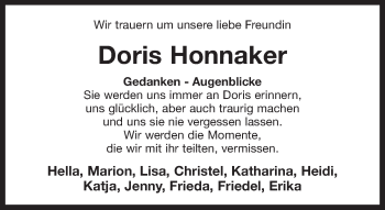 Traueranzeige von Doris Honnaker 