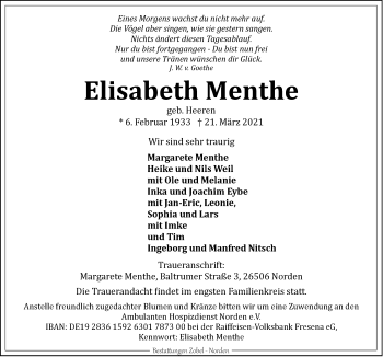 Traueranzeige von Elisabeth Menthe 