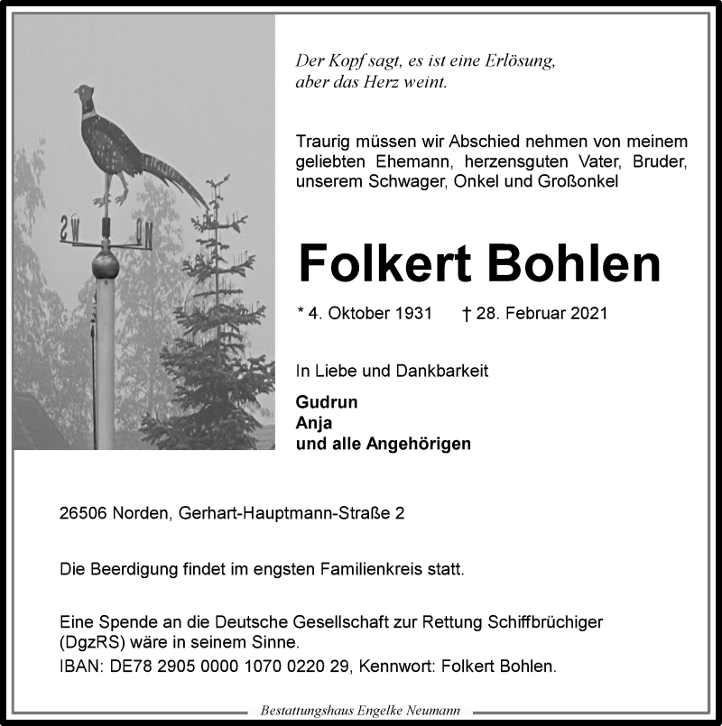  Traueranzeige für Folkert Bohlen vom 02.03.2021 aus 