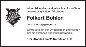 Traueranzeige von Folkert Bohlen 