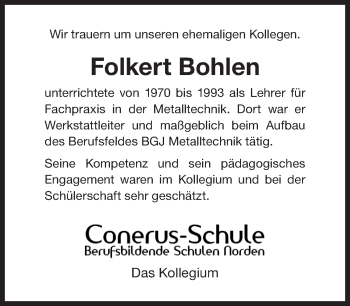 Traueranzeige von Folkert Bohlen 