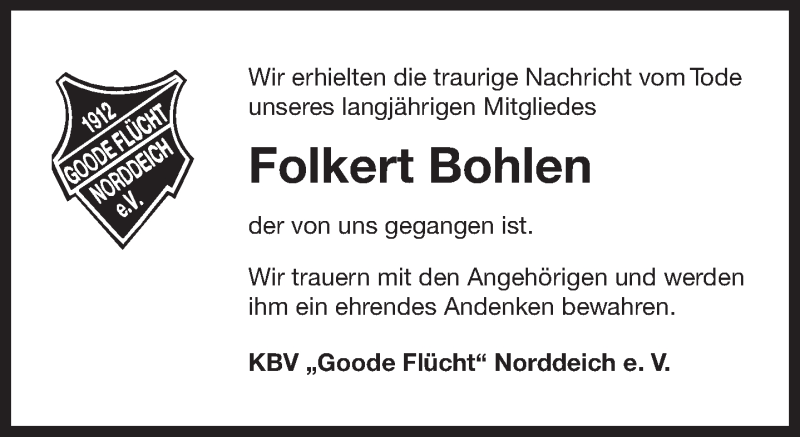  Traueranzeige für Folkert Bohlen vom 03.03.2020 aus 