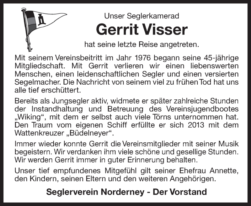  Traueranzeige für Gerrit Visser vom 15.03.2021 aus 