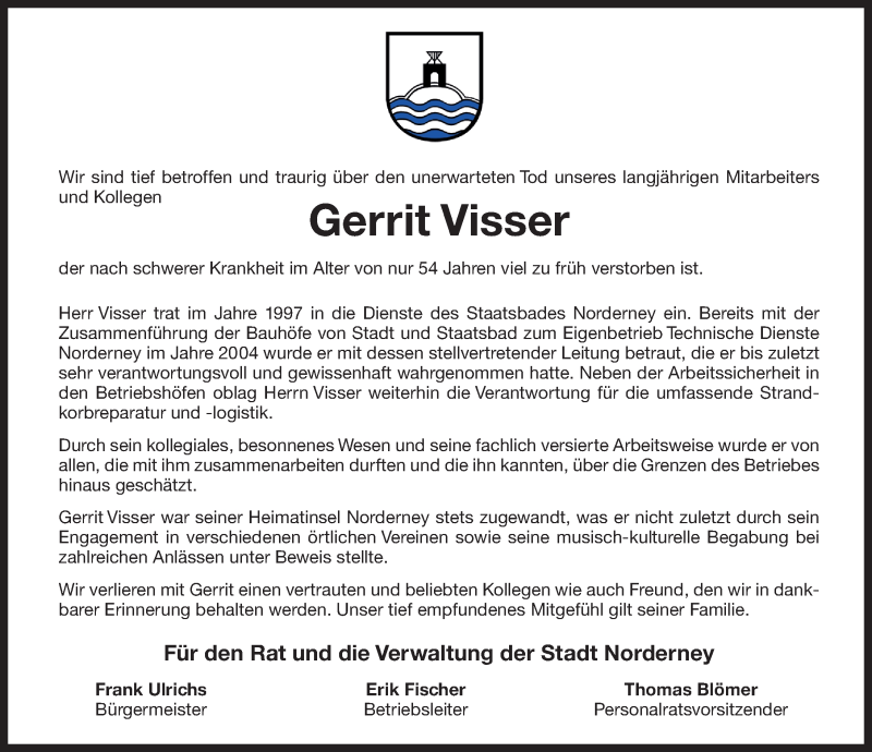  Traueranzeige für Gerrit Visser vom 15.03.2021 aus 