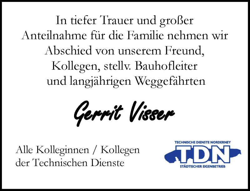  Traueranzeige für Gerrit Visser vom 15.03.2021 aus 