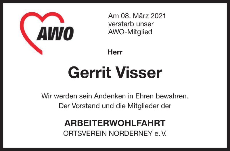  Traueranzeige für Gerrit Visser vom 17.03.2021 aus 