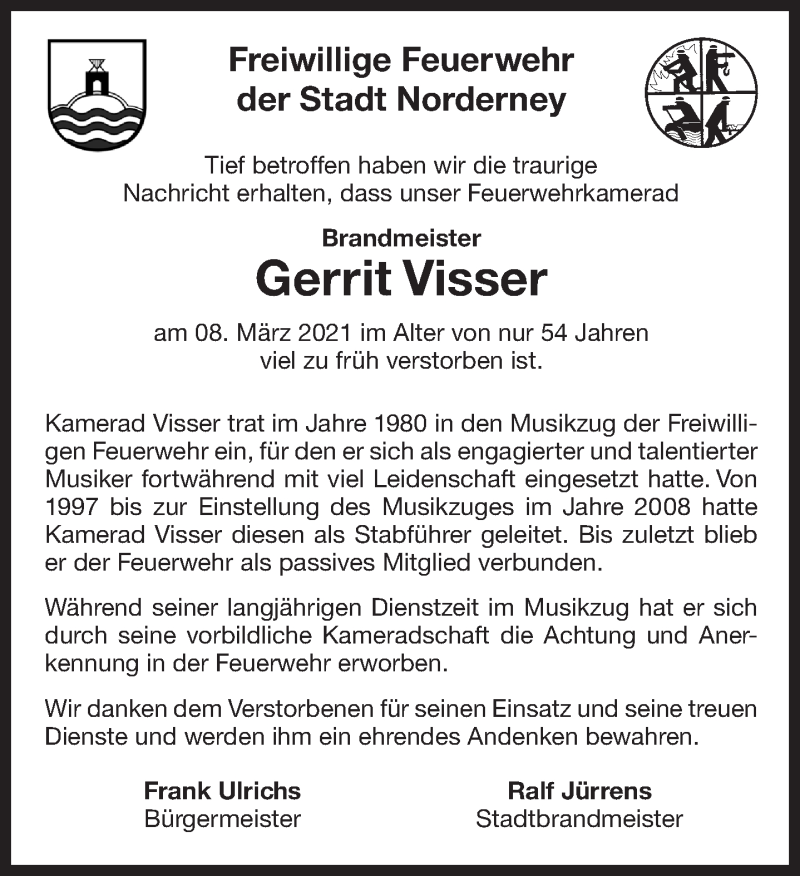  Traueranzeige für Gerrit Visser vom 15.03.2021 aus 