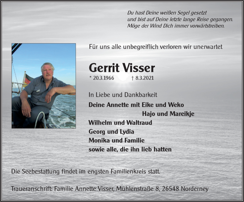  Traueranzeige für Gerrit Visser vom 13.03.2021 aus 