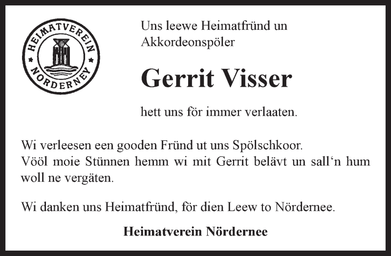  Traueranzeige für Gerrit Visser vom 15.03.2021 aus 