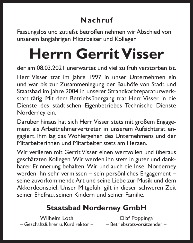  Traueranzeige für Gerrit Visser vom 16.03.2021 aus 