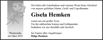 Traueranzeige von Gisela Hemken 