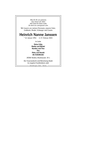 Traueranzeige von Heinrich Nanne Janssen 