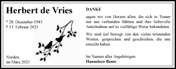 Traueranzeige von Herbert de Vries 